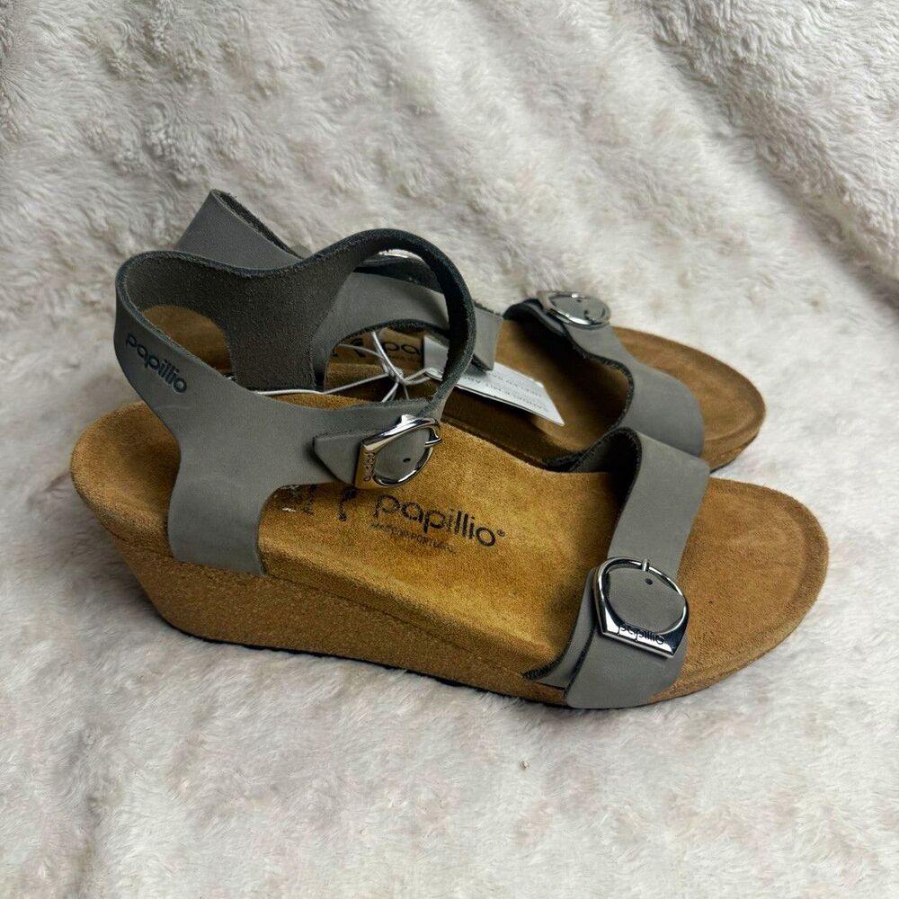 Papillio Gray Leather Strappy Buckle Wedge Sandals Women US 10 EU 41